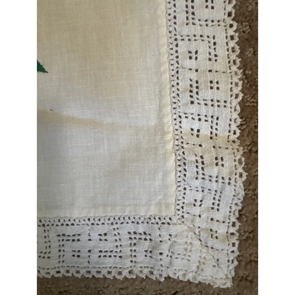 Vintage Cream Linen Tablecloth Crocheted Lace Trim Square 15in Farmhouse Decor